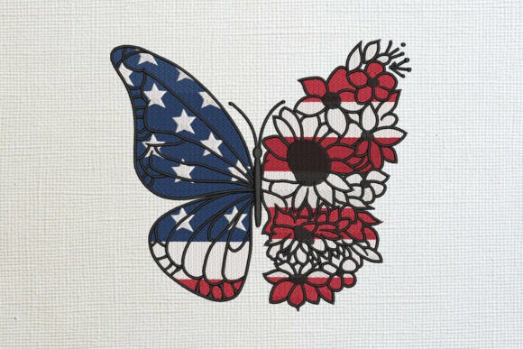American Flag Flower Butterfly Embroidery