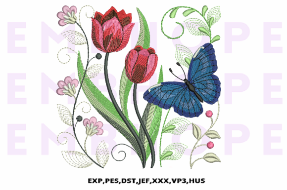 Flowers with Butterfly and Tulips: A Charming Embroidery Design