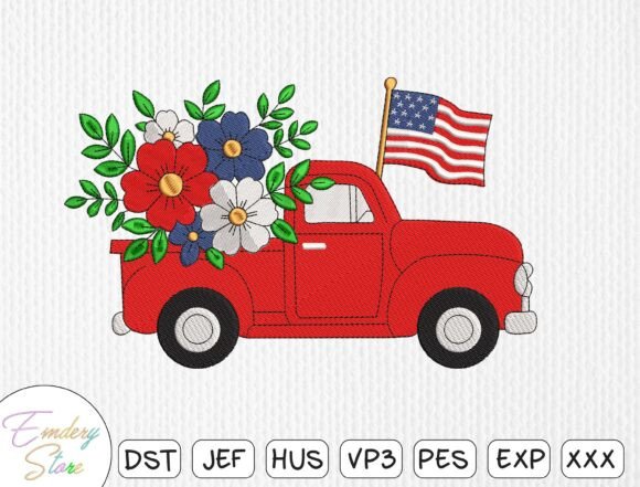 Patriotic Red Truck with Flowers Flag Design